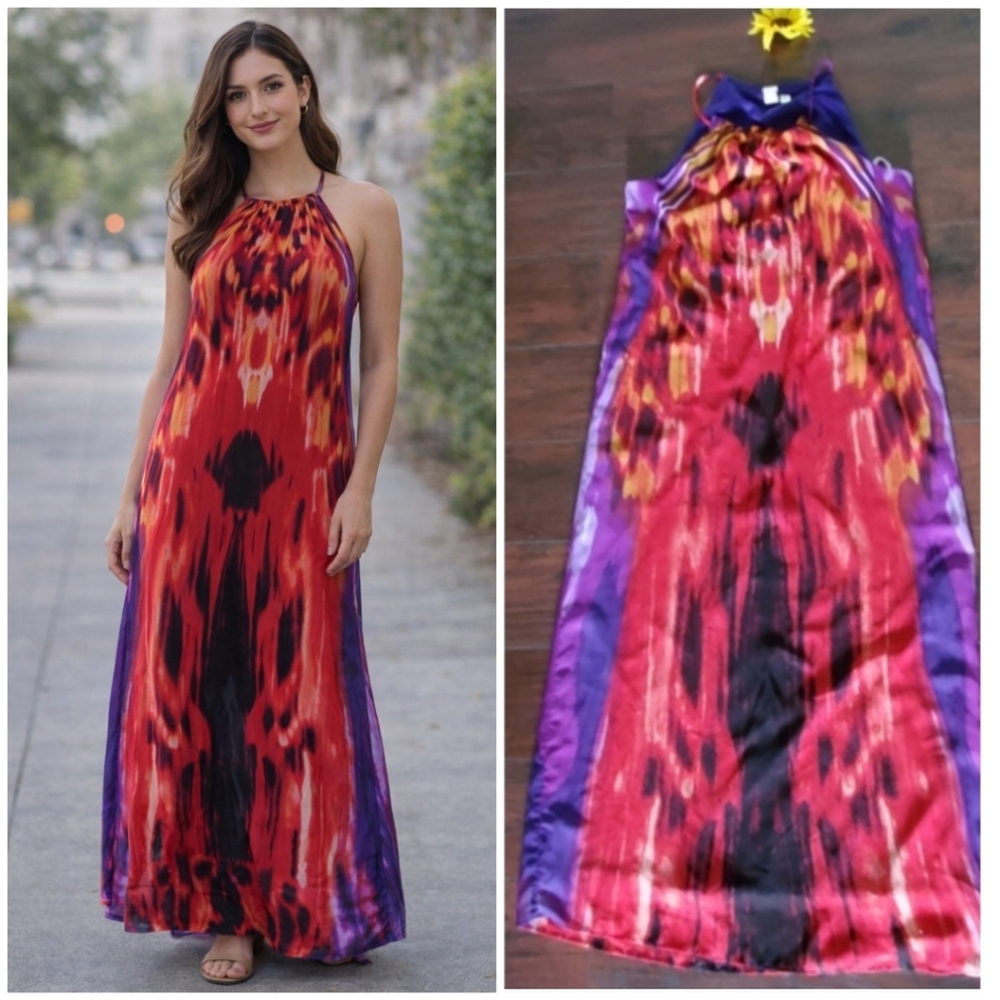 EMMA&MICHELE Blu Pepper Boho Tie Dye Maxi Dress Halter Neck 🌟☂️